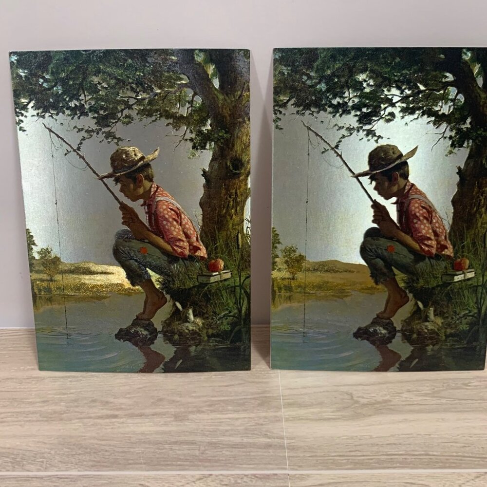 Vintage Dufex Royal Stationery Foil Art Print Boy Fishing Scene Postcards Set